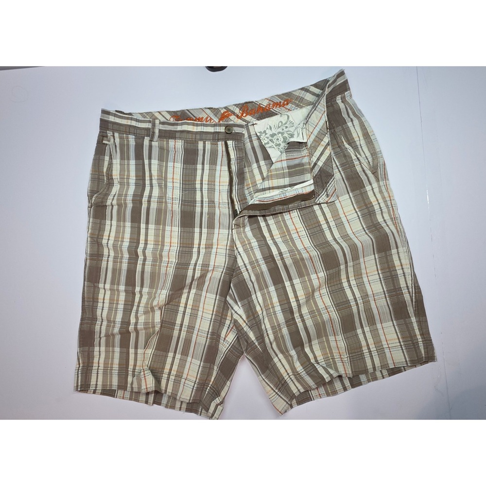 Tommy Bahama Mens 38 Plaid Cotton Silk Shorts Brown Tan Flat Front Casual